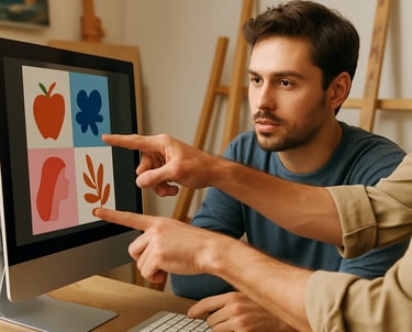 A focused adult student working on a digital tablet with a mentor guiding them.