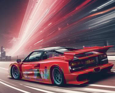 Motion-blur effect on a high-performance car accelerating on a dark urban street.