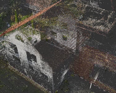 Aerial view of a high-resolution point cloud scan of a residential building and roof structure.