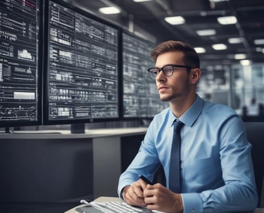 A friendly IT specialist assisting a client with computer setup in a modern office.