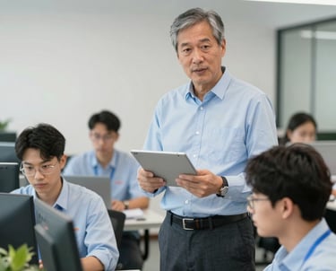 Senior consultant analyzing data charts on a laptop with a hospitality team in a busy kitchen.