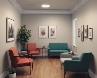 Modern waiting room with colorful mid-century furniture, hardwood floors, and framed wall art.