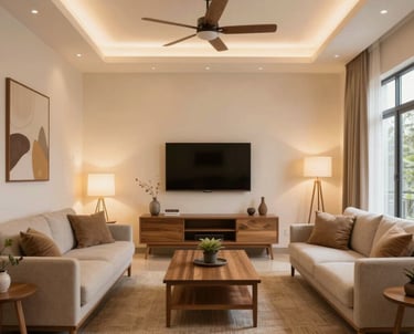 Before-and-after image of a cluttered Kerala-style living room on the left and a neatly organized, airy space on the right.