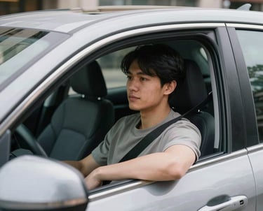 A person sitting comfortably in the driver's seat of a modern car, looking out the window with a calm and confident expression. The setting is a clean North American urban street in bright daylight.