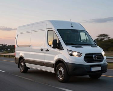 A professional white commercial van driving on a modern North American highway at dusk. The lighting is cinematic, highlighting the vehicle's movement and the reliability of commercial logistics.
