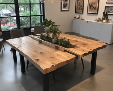 Close-up of a craftsman measuring a natural wood slab for a custom dining table.