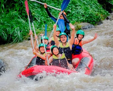 A group of happy people in helmets white water rafting down a river with paddles raised.