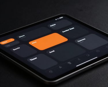 A sleek, minimalist digital app interface displayed on a tablet, featuring high-contrast dark mode design and bold orange highlights, macro photography style.