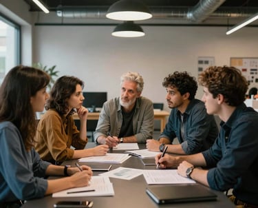 Group of diverse creative professionals in a Spanish design agency, sitting around a dark table discussing a project, modern industrial style.