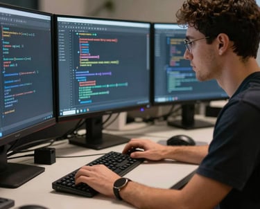 Professional Spanish developer working in a dark room with multiple screens, focusing on clean code, soft blue and orange ambient light.