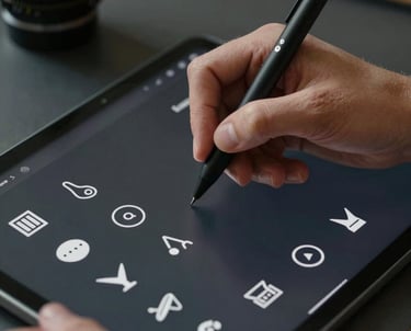 Close-up of a designer's hand using a digital pen on a black tablet, creating minimalist icons, cinematic lighting, professional studio in Spain.