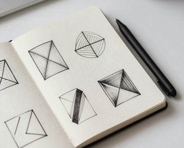 Overhead shot of a minimalist workspace in Spain, showing a sketchbook with geometric brand drawings and a professional digital stylus.