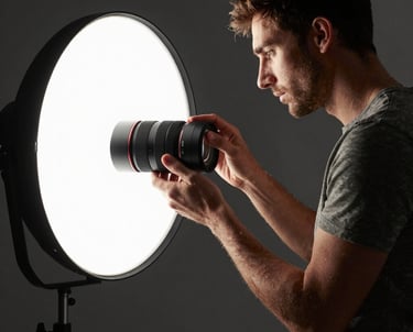 Professional Spanish photographer adjusting lighting in a dark studio, focusing on a minimalist product setup, cinematic atmosphere.