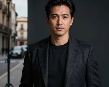 Professional portrait of a creative lead in a dark studio setting, soft cinematic lighting, Spanish city environment, wearing dark high-end attire.