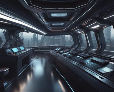 Holographic glass panels with biometric shield overlays and neon glitch effects.