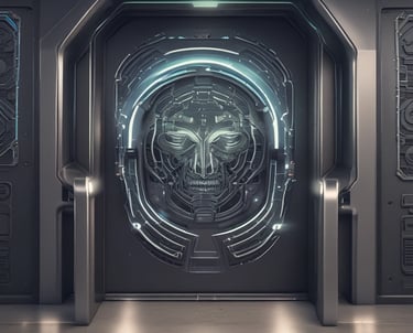 Holographic glass panels displaying biometric shield graphics with neon glitch effects.