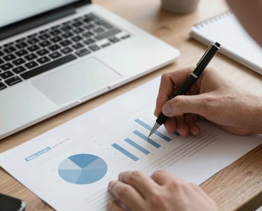 A close-up of hands uploading files on a laptop with data charts visible on the screen.