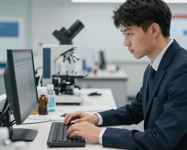 A focused analyst working on a laptop surrounded by colorful data charts and graphs.
