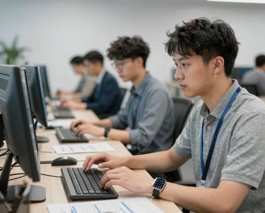 A team of analysts discussing data on multiple monitors in a bright office.