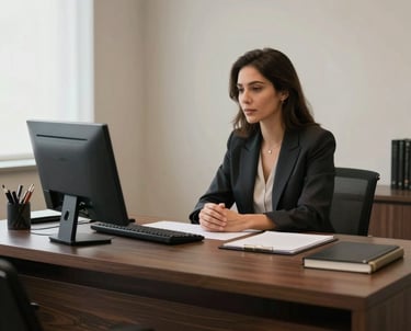 A sophisticated psychoanalyst consulting office in Brazil with a modern dark wood desk and soft professional lighting. A calm and trustworthy setting for mental health practice.