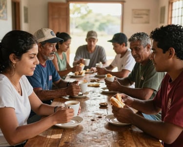 A group of Brazilian workers sharing coffee and bread at a long wooden table in a community hall. Early morning sunlight, candid photography, warm and empathetic atmosphere.