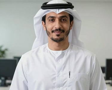 Professional portrait of a male logistics expert in a business casual setting, Middle Eastern / Gulf region, clean and bright composition.