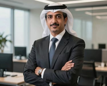 Professional portrait of a business executive in a modern office, Middle Eastern / Gulf context, professional lighting and corporate style.