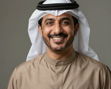 Professional studio portrait of a business leader in Middle Eastern / Gulf attire, smiling warmly against a neutral background, conveying trust and leadership.