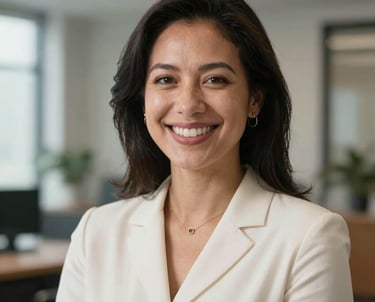 Professional headshot of a community coordinator in North American / US (Georgia), smiling warmly. The background is a soft-focus office interior with natural light, wearing professional clothing in off-white.