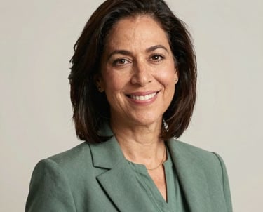 Professional studio headshot of a female educator in North American / US (Georgia), wearing professional attire in muted green. She has a warm, confident expression, set against a soft, neutral off-white background.