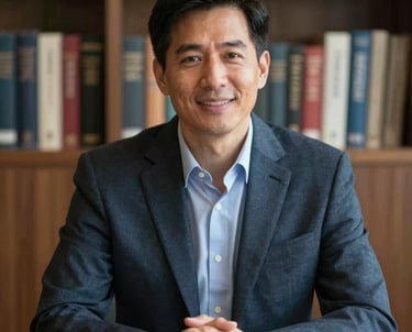 Professional headshot of a curriculum specialist in North American / US (Georgia). The person is sitting at a desk with books in the background, looking helpful and knowledgeable, wearing professional attire.