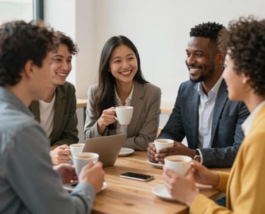 A welcoming group of diverse people gathered around a table, engaged in lively discussion.
