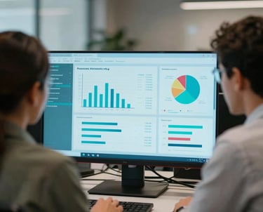 Two creative professionals in a modern office, blurred in the background, focusing on a bright turquoise screen showing analytics and design patterns. South American setting.