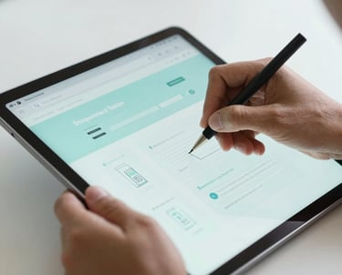 Close-up photography of professional hands sketching a website layout on a tablet. The lighting is bright and modern, using pale turquoise and white tones. South American studio.