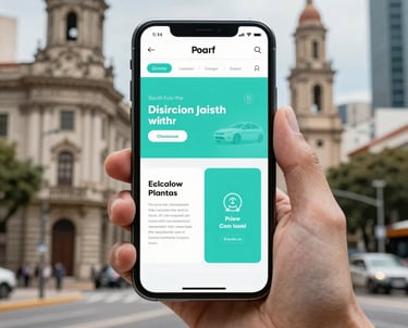 A modern smartphone being held by a professional, showing a mobile-responsive website with a clean turquoise design. Outdoor city background, South American architecture.