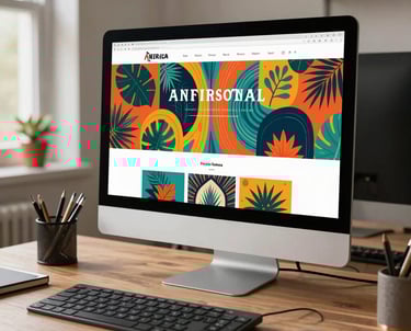 A workspace with a modern monitor displaying a vibrant, artistic website design. Natural light fills the room, highlighting professional creative tools. South American aesthetic.