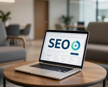 Photography of a modern office lounge in Montevideo where a laptop rests on a coffee table, showing a successful SEO report. Bright, professional, and contemporary.