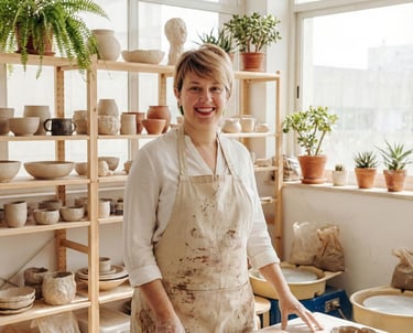 Fundadora do estúdio de cerâmica Happy Potter em Évora, a sorrir com avental de trabalho,num atelier