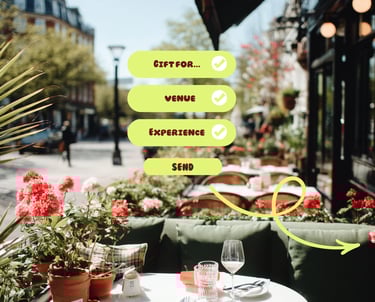 Mobile gifting app interface over a sunny café terrace scene, showing how to send a local dining exp