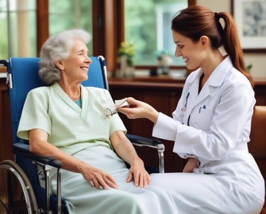 A compassionate nurse assisting an elderly patient with medication at home.