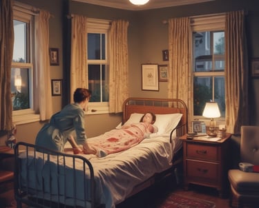 A warm, professional nurse gently assisting an elderly patient in a cozy home setting.