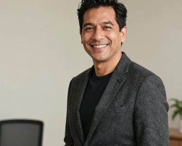 A professional portrait of a Latin American man with a friendly smile, representing the Creative Director, wearing a charcoal blazer, in a minimalist office with soft cream walls.