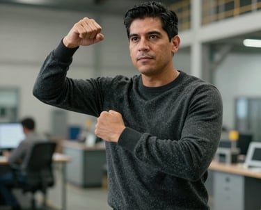 A professional portrait of a Latin American man in a dynamic pose, focused and capable, wearing a charcoal sweater, representing a technical logistics lead in a modern industrial setting.