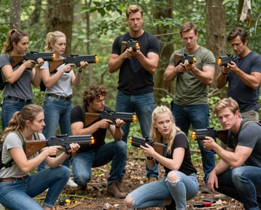 Adults engaged in an intense laser tag match among dense forest foliage.