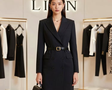 Woman wearing a black double-breasted blazer dress with a belted waist in a luxury fashion boutique.