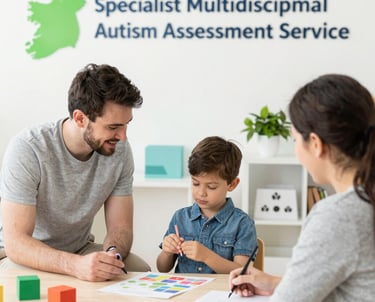 Young boy during a specialist multidisciplinary autism assessment with clinicians in Ireland.