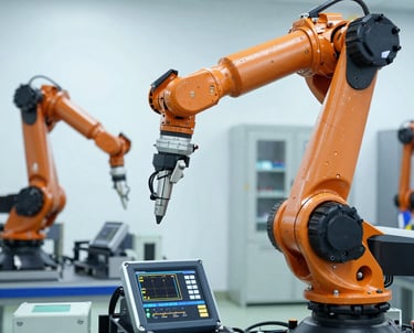 Technician programming an industrial PLC control panel with machinery in the background