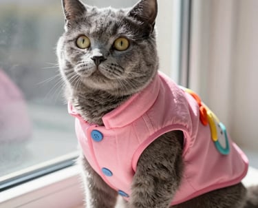 gato persa gris con un chaqueco rosa con detalles personalizados