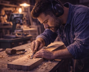 Artisan travaillant le bois dans son atelier, illustrant un site vitrine professionnel.