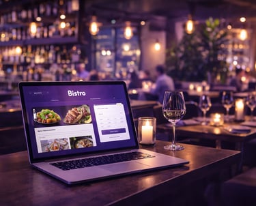 Ordinateur portable affichant un site web de restaurant dans un établissement moderne.